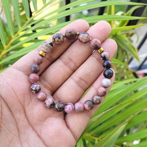 Diamond Cut Rhodonite With Golden Hematite Natural Stone Bracelet