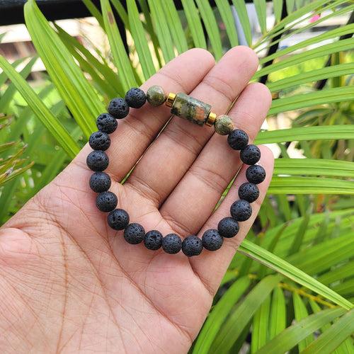 Unakite Matte Tumble Bracelet With Lava Stone And Golden Hematite