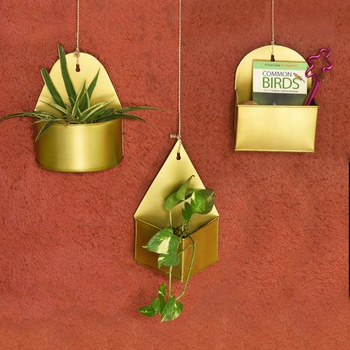Curved Hanging Metal Mounted Wall Planter / Letter Box in Matte Gold Finish