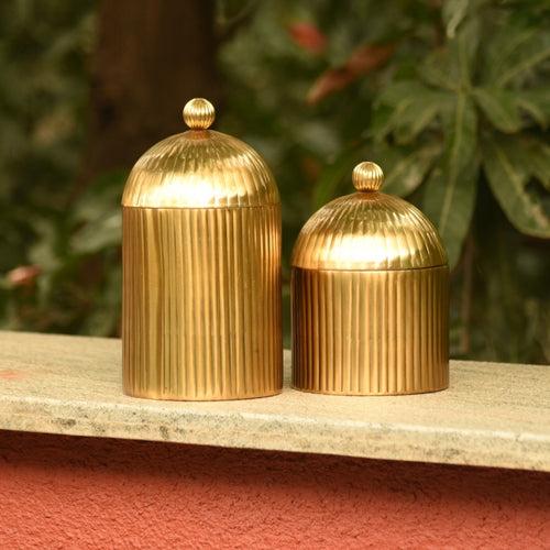 Decorative Ribbed Metal Jar with Dome Lid in Antique Gold Finish - 2 sizes