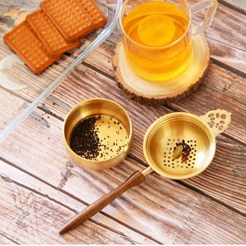 Antique Look Loose Leaf Tea Strainer in Brass & Wood with Resting Bowl