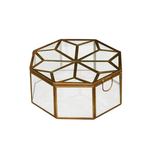 Metal & Glass Octagonal Decorative Box in Brass & Glass