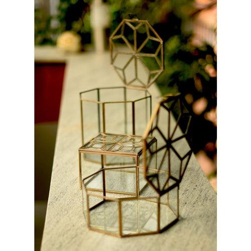 Metal & Glass Octagonal Decorative Box in Brass & Glass