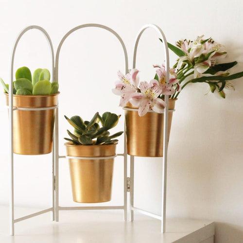 Mini Fence Metal Table Top Planter Set with 3 Pots in White & Gold