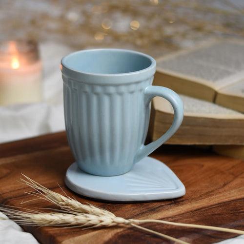 Set of 3 in Blue Ceramic - Splatter Print Organic Shape Bowl + Vintage Grooved Mug + Etched Coaster