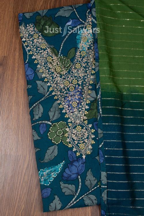 Blue and Green Colour Muslin Mix Dress Material