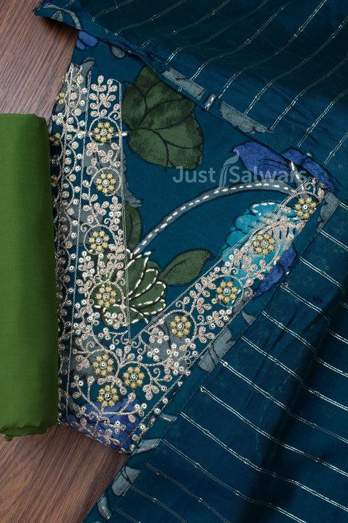 Blue and Green Colour Muslin Mix Dress Material