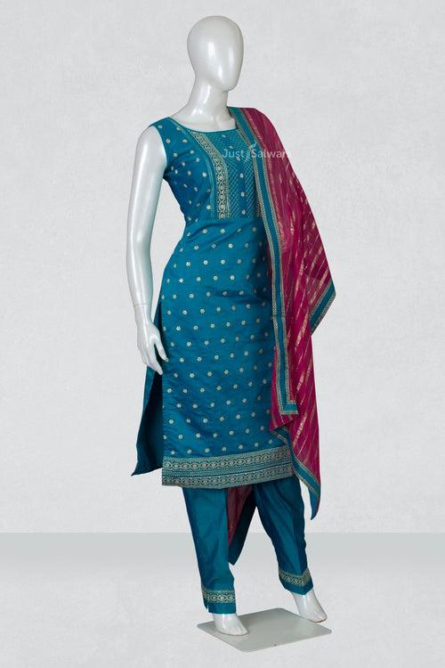 Blue and Pink Colour Straight Cut Salwar Suit