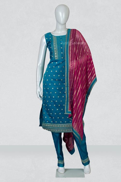 Blue and Pink Colour Straight Cut Salwar Suit