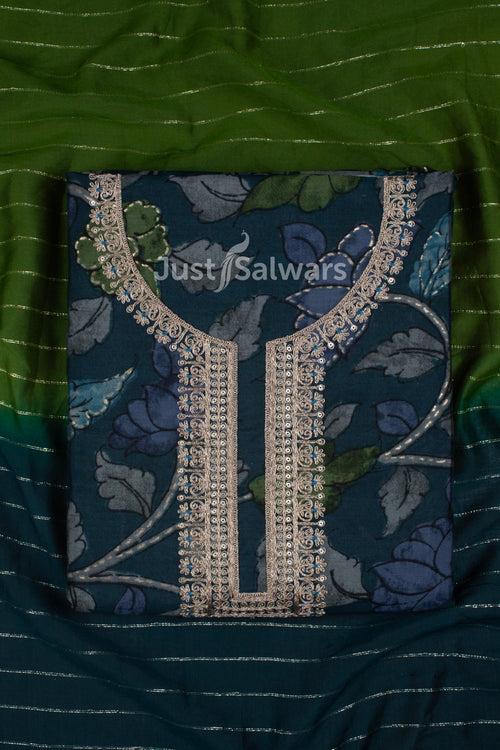 Green and Blue Colour Muslin Dress Material with Silk Cotton Dupatta