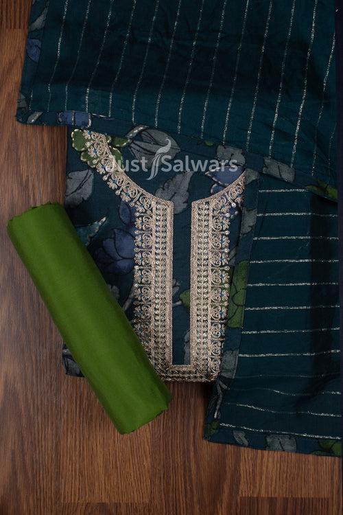 Green and Blue Colour Muslin Dress Material with Silk Cotton Dupatta