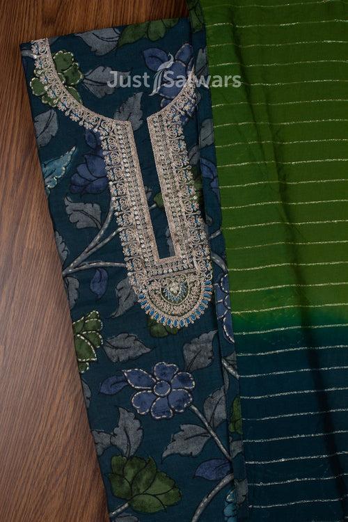 Green and Blue Colour Muslin Dress Material with Silk Cotton Dupatta