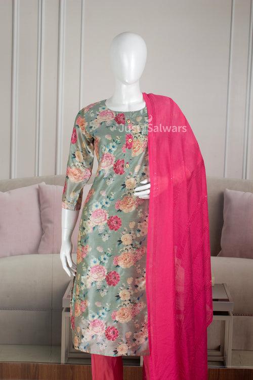 Green and Pink Colour Silk Cotton Straight Cut Salwar Suit