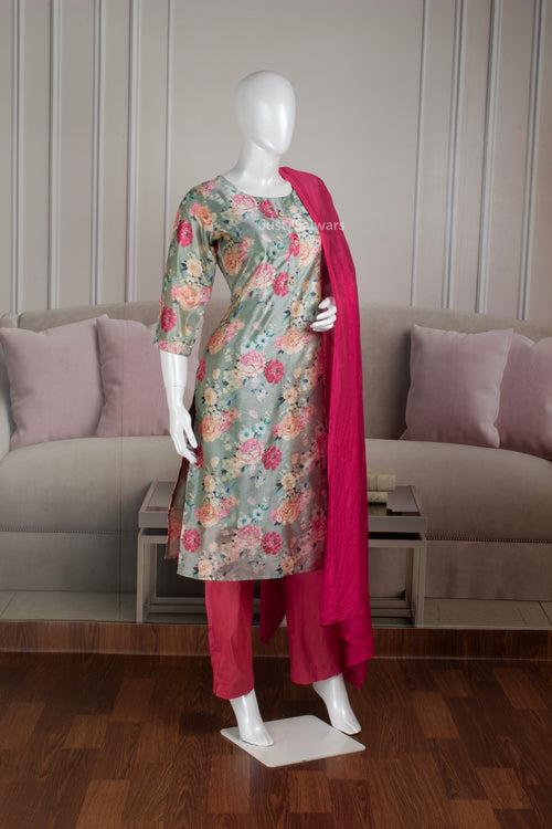 Green and Pink Colour Silk Cotton Straight Cut Salwar Suit