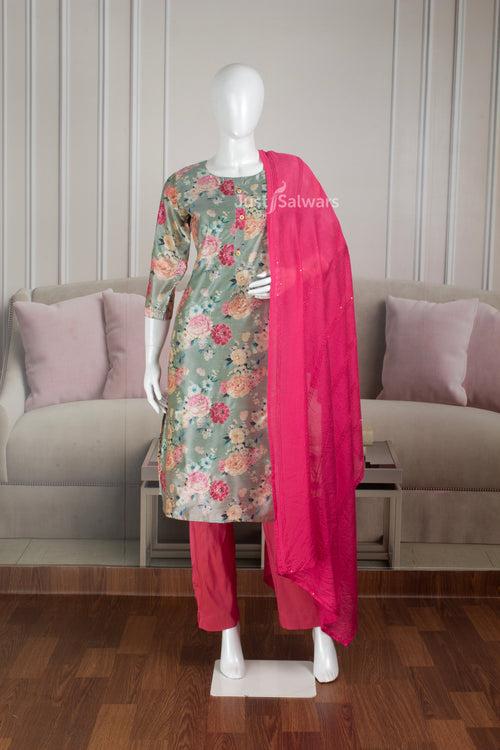 Green and Pink Colour Silk Cotton Straight Cut Salwar Suit