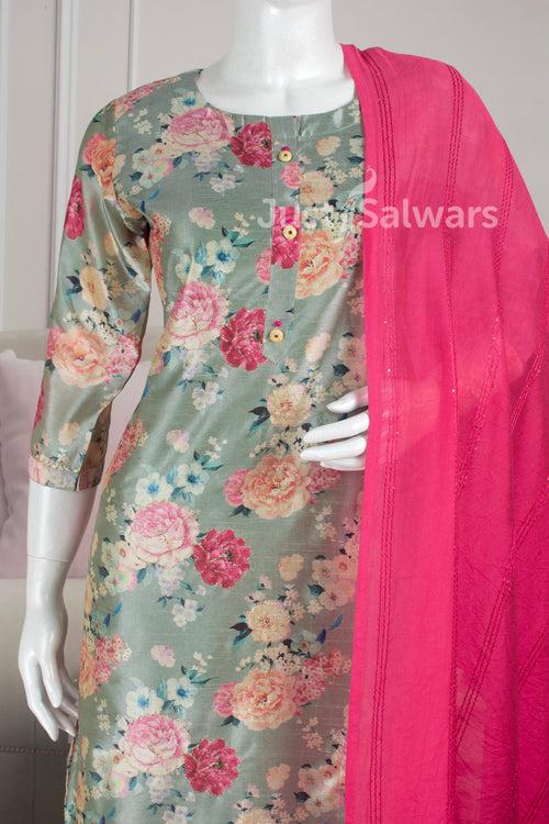 Green and Pink Colour Silk Cotton Straight Cut Salwar Suit