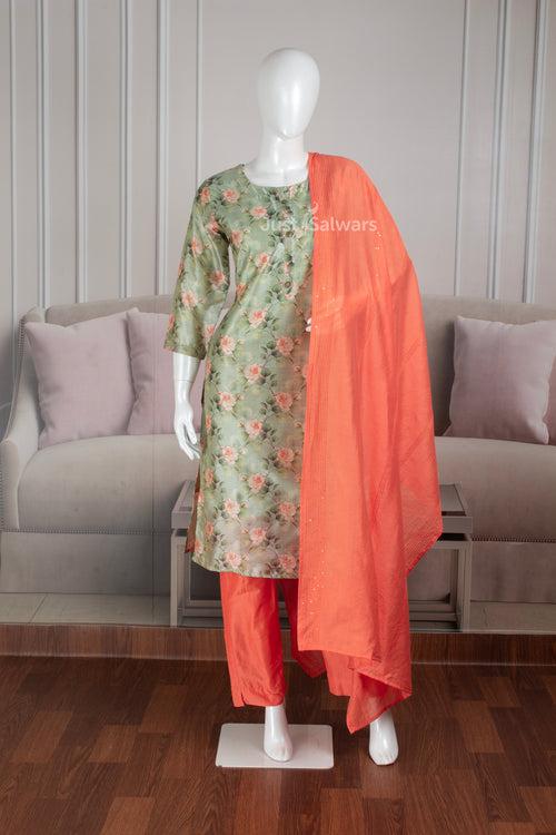 Pista Green and Orange Colour Silk Cotton Straight Cut Salwar Suit