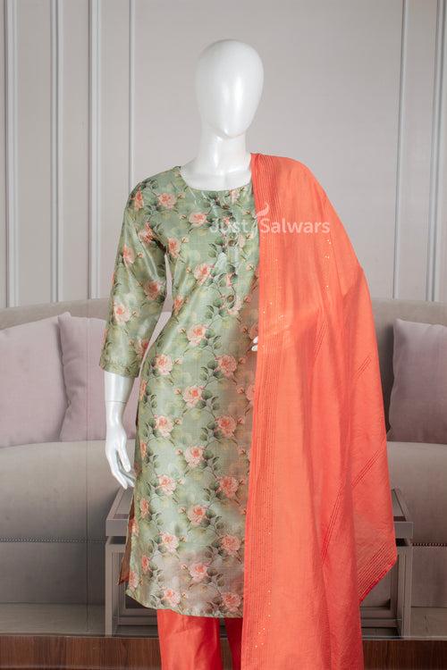 Pista Green and Orange Colour Silk Cotton Straight Cut Salwar Suit