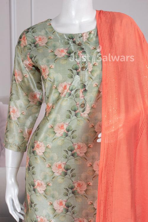 Pista Green and Orange Colour Silk Cotton Straight Cut Salwar Suit