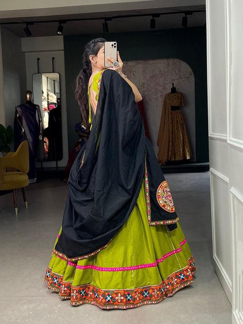 Green-Black Cotton Gamthi Work Navaratri Lehnga