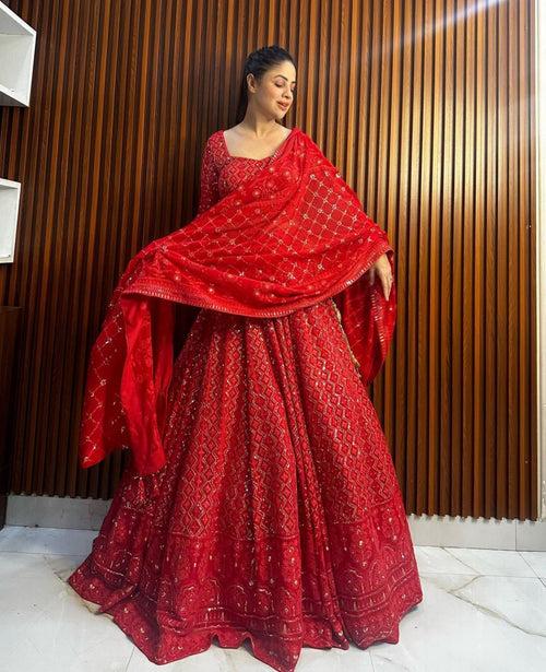 Red Semi Bridal Faux Georgette Heavy Sequins Work Lehnga