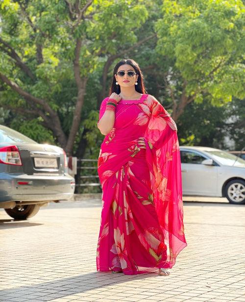 DarkPink Georgette Pearl Work Saree