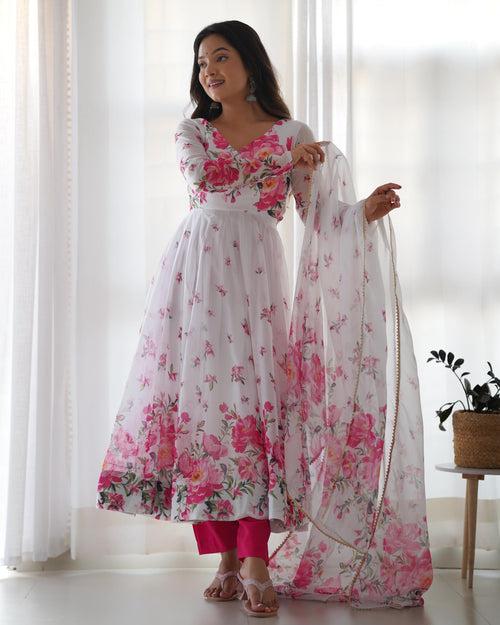 White-Pink Organza Floral Anarkali Suit