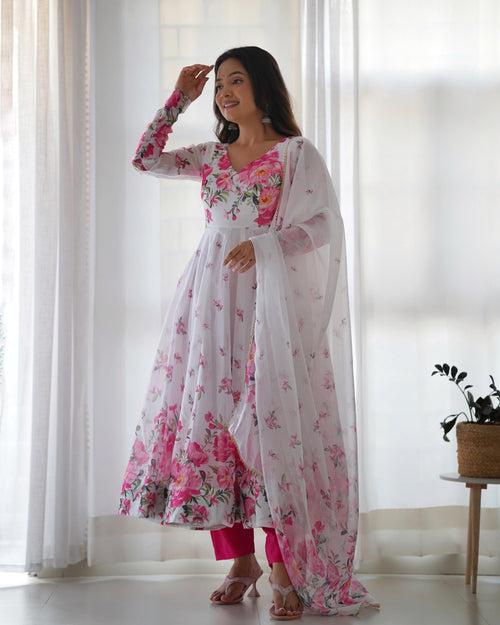 White-Pink Organza Floral Anarkali Suit