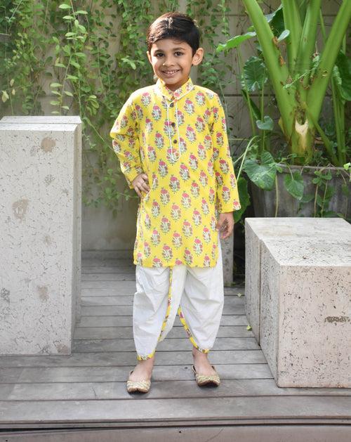 Yellow Printed Cotton Kurta With Dhoti Set