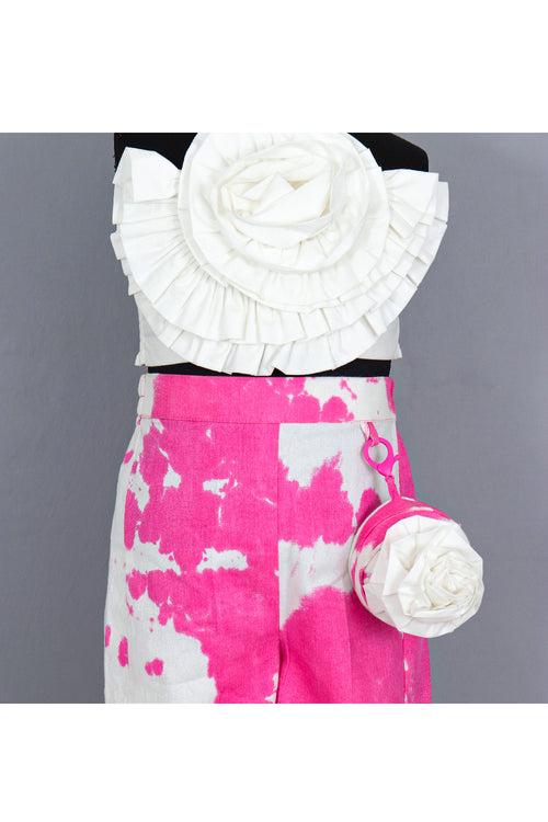 White Big Flower Detailing Tie Knot Top With Tie And Dye Printed Pant Set