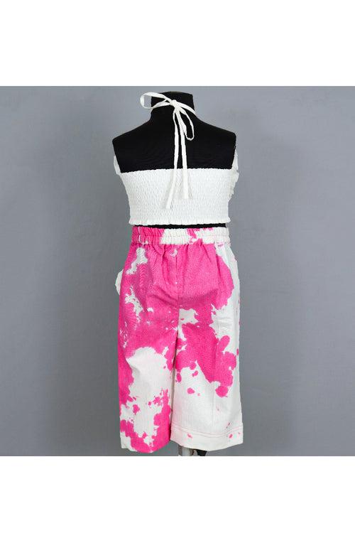 White Big Flower Detailing Tie Knot Top With Tie And Dye Printed Pant Set