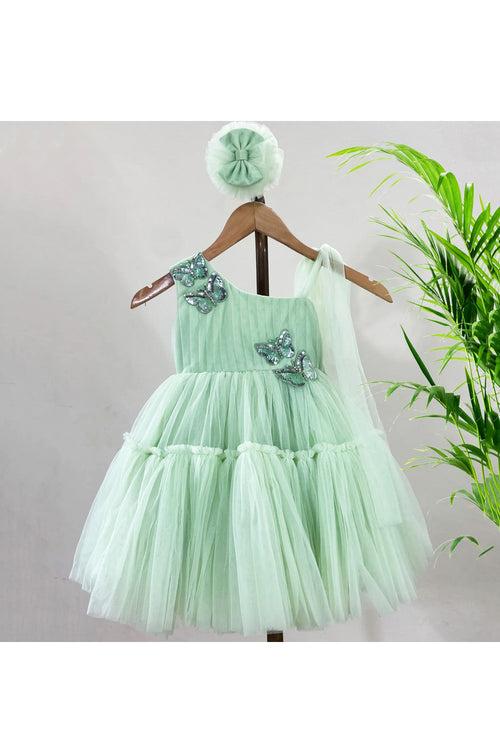 Light Green 3d Butterflies Embellished One Shoulder Net Dress