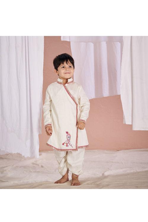 White Krishna Embroidered Linen Angrakha Kurta With Dhoti Set