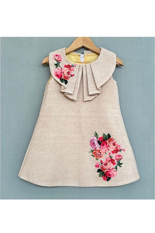 Beige Cotton Jute Linen Dress with Floral Applique