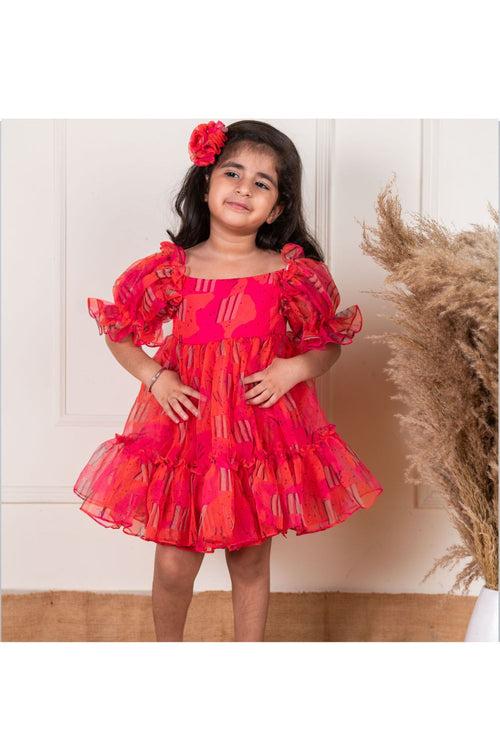 Orange Pink Organza Frill Dress