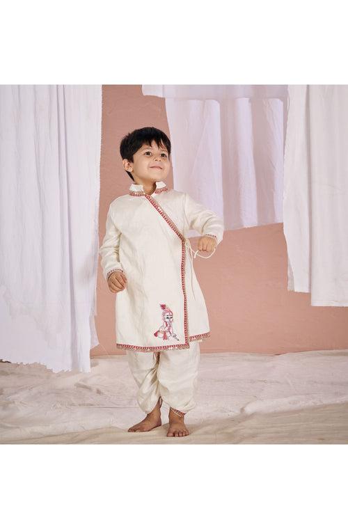 White Krishna Embroidered Linen Angrakha Kurta With Dhoti Set