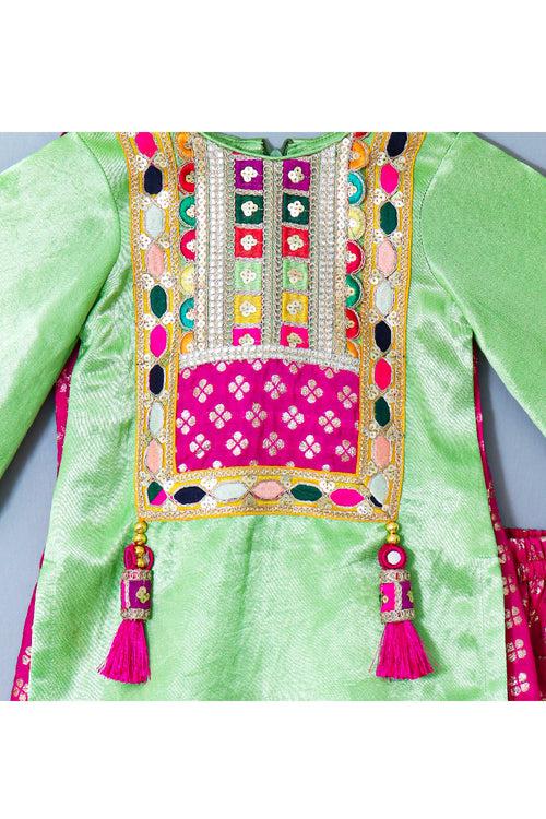 Neon Green And Magenta Pink Embroidered Silk Kurta With Salwar Set