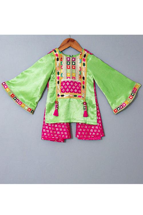 Neon Green And Magenta Pink Embroidered Silk Kurta With Salwar Set