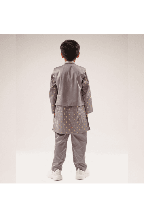 Grey Foil Printed Kurta And Embroidered Jacket With Pyjama Set