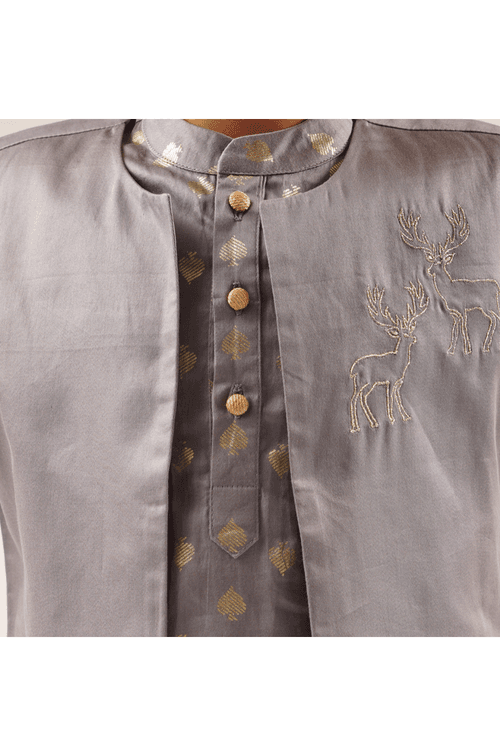 Grey Foil Printed Kurta And Embroidered Jacket With Pyjama Set