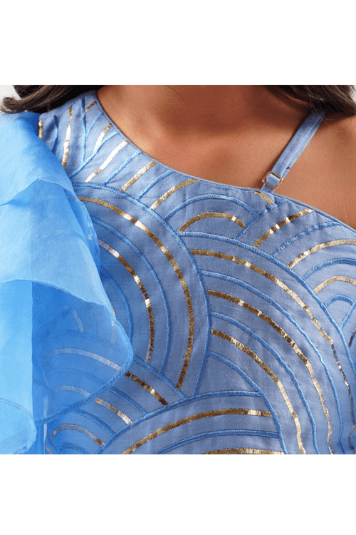 Blue Gota Lace Embroidered One Shoulder Top With Lehenga Set