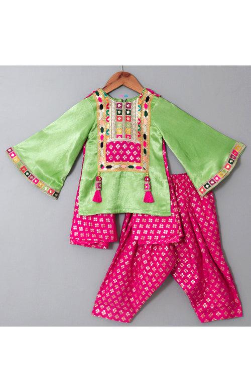Neon Green And Magenta Pink Embroidered Silk Kurta With Salwar Set