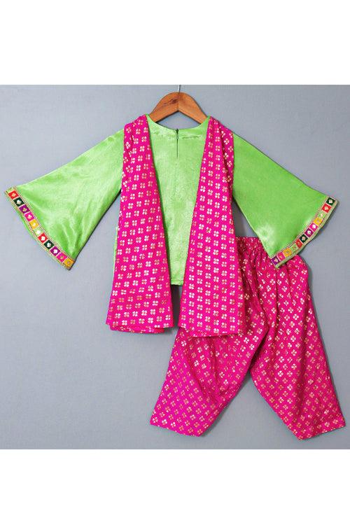 Neon Green And Magenta Pink Embroidered Silk Kurta With Salwar Set