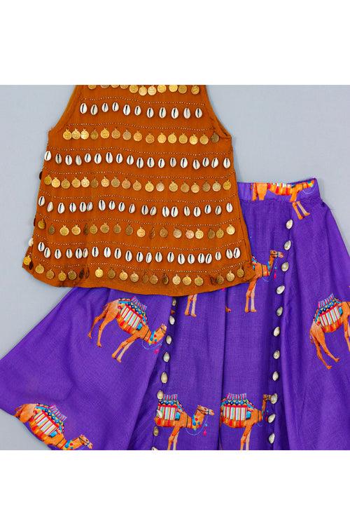 Brown Shells Embellished Sleeveless Top With Camel Printed Dhoti Set