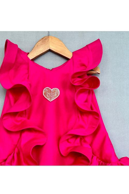 Pink Ruffle Heart Embroidered Dress