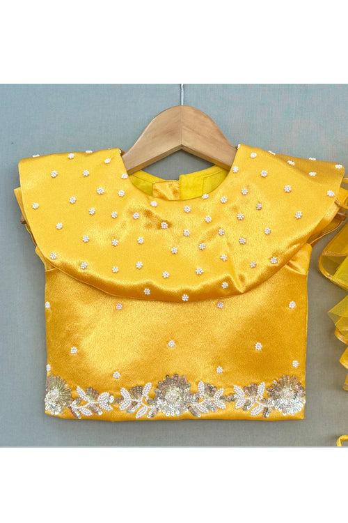 Golden Yellow Pearl With Sequin Embroidery Top Lehenga Set