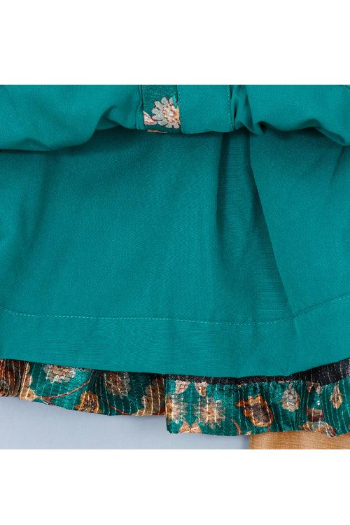 Green Floral Printed Silk Peplum Style Top With Golden Palazzo Set