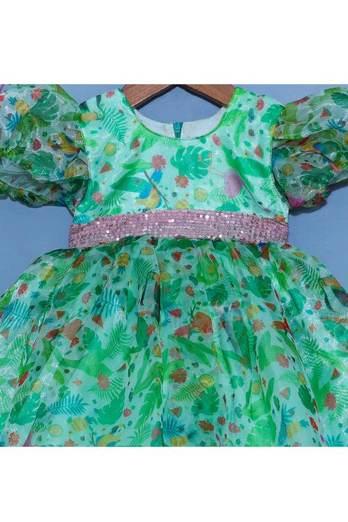 Green Floral Printed And Sequins Belt Detailing Organza Dress