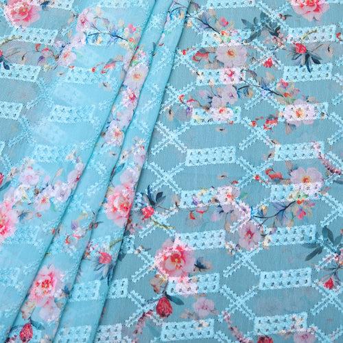 Blue Flower Printed Embroidered Georgette Hakoba Fabric