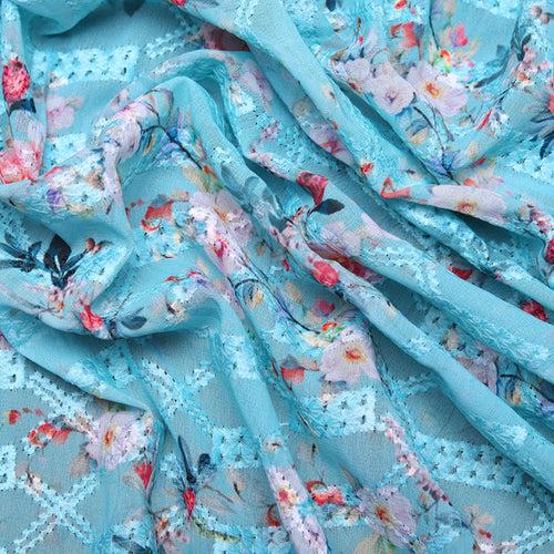 Blue Flower Printed Embroidered Georgette Hakoba Fabric